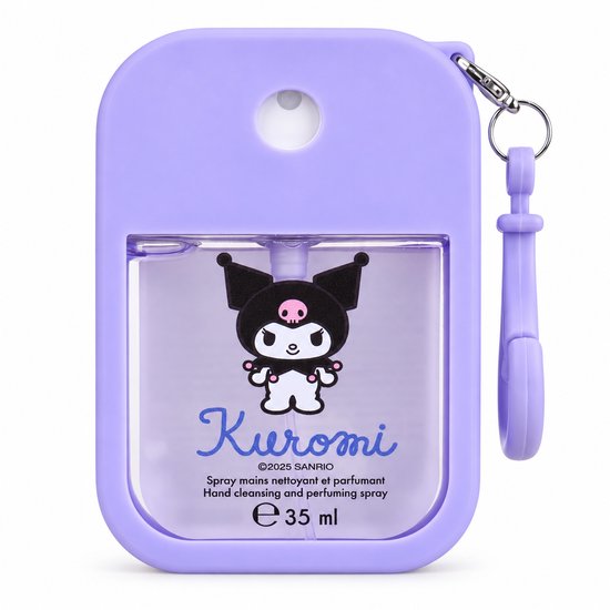 Paarse handdesinfecterende spray van 35 ml met Kuromi-figuur en clip.