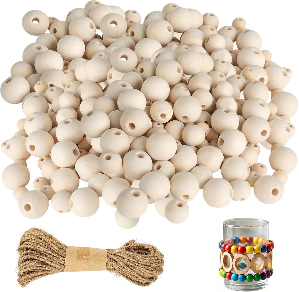 150 Stuks Natuurlijke Houten Kralen met Gat – 5 Maten (10/12/14/16/18 mm), Glad, Groot, Perfect voor DIY, Knutselprojecten en Decoratie