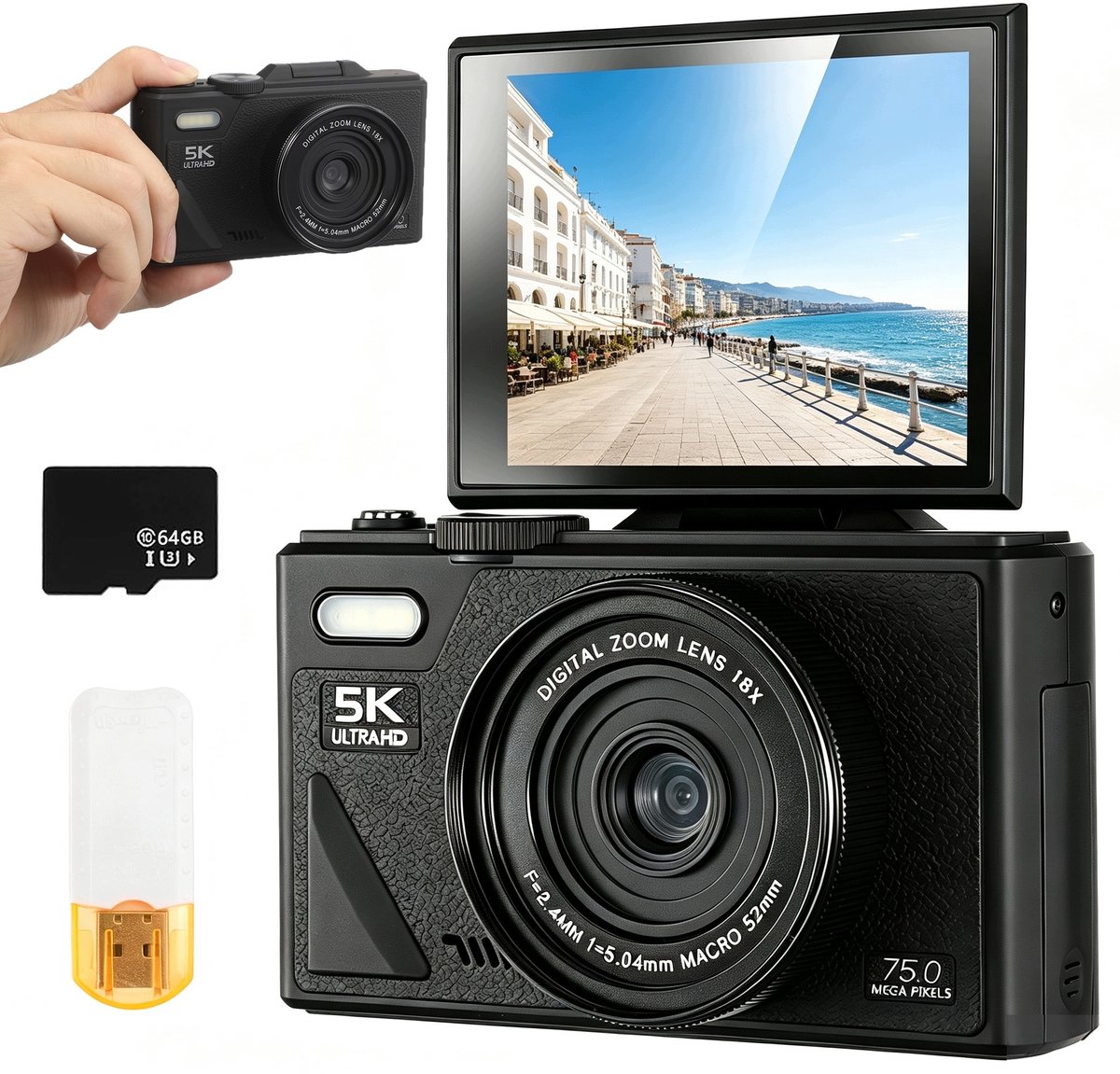 5K Digitale Camera 75MP met WiFi – Vlogcamera 18x Zoom, 180° Kantelbaar Scherm, 64GB SD-kaart – Compact voor Kinderen, Beginners & Reizen