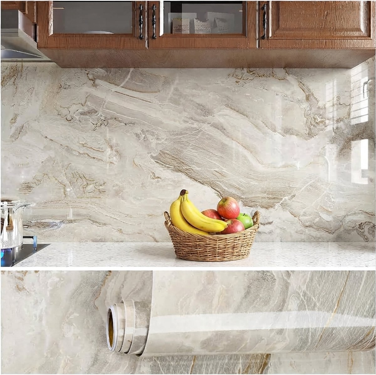 Livatto Marmer Contactpapier Zelfklevend Beige Glanzend - 40x300 cm - Waterdicht Vinyl Folie voor Keuken, Badkamer, Werkblad