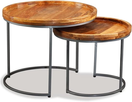 Bijzettafelset van 2 stuks, van massief mangohout, handgemaakt in vintage industriële stijl, opbergtafel en salontafel, met stabiele ijzeren poten, ruimtebesparend op te bergen — afbeelding 5