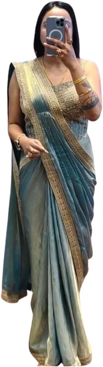 Aqua Blue Traditional Saree with Gold Embroidered Border