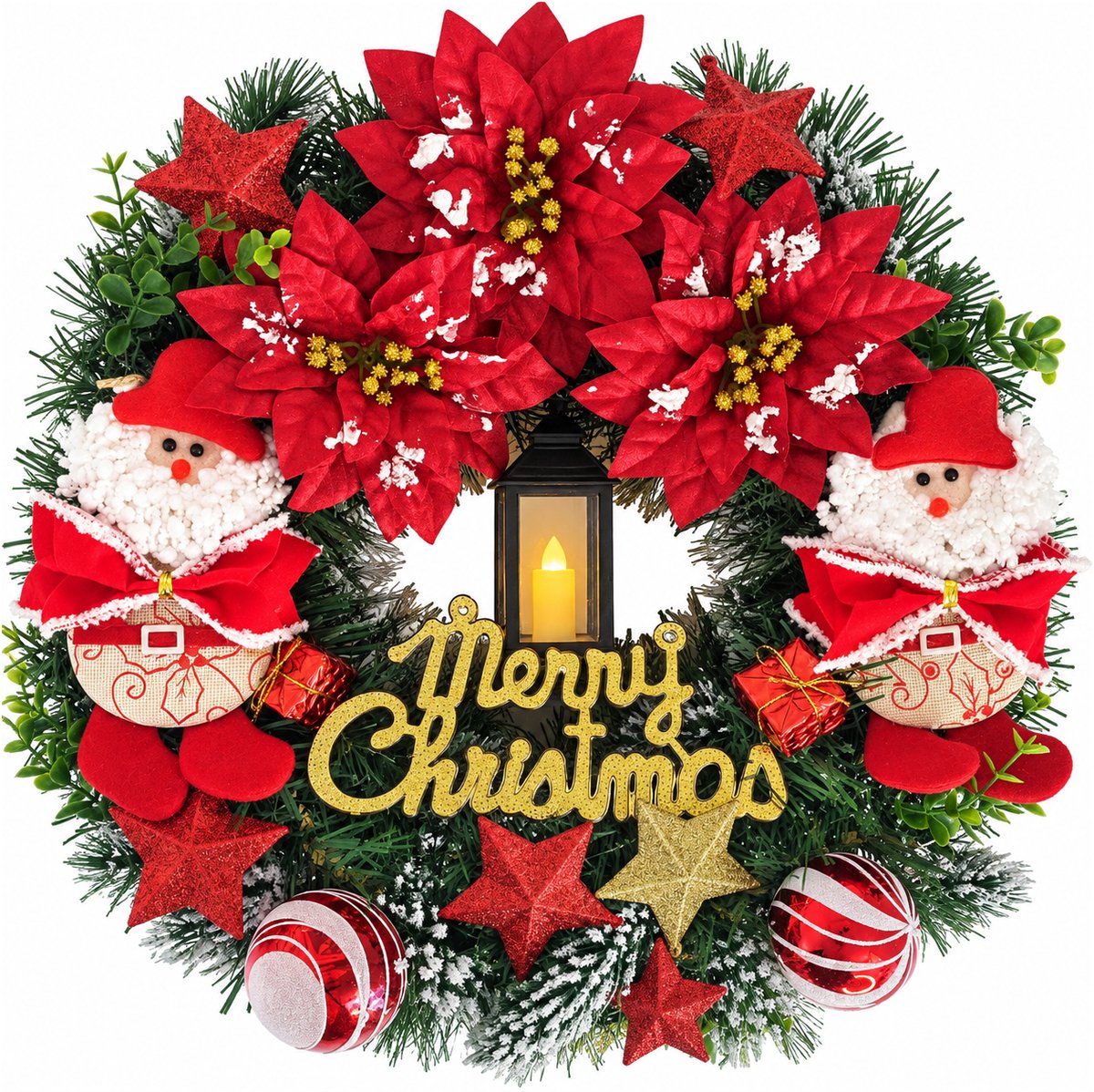 Kerstkrans met Verlichting - Hangende Deurdecoratie - Kerstman Ornament - voor Kerst Feestdecoratie - 35cm