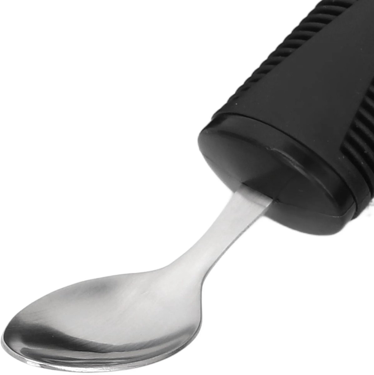 Een 4-delige bestekset, bestaande uit een antislip rubberen handvat, een roestvrijstalen lepel, vork en mes.