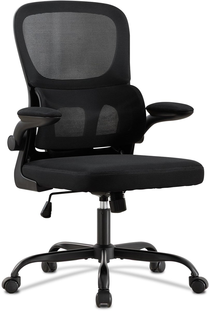 UEV Mesh Chair with Lumbar Support and Backrest, Ergonomic Office Chair with Multi-Regulation, Space-Saving Desk Chairs with Folding Armrests, 65 x 58 x 100-110 cm, Zwart