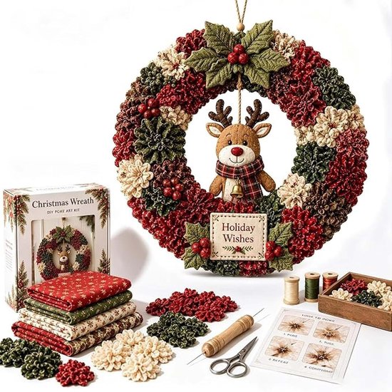 Kerstkrans-knutselset met stof, garen, schaar, naald en een hertje met 'Holiday Wishes'-bordje.