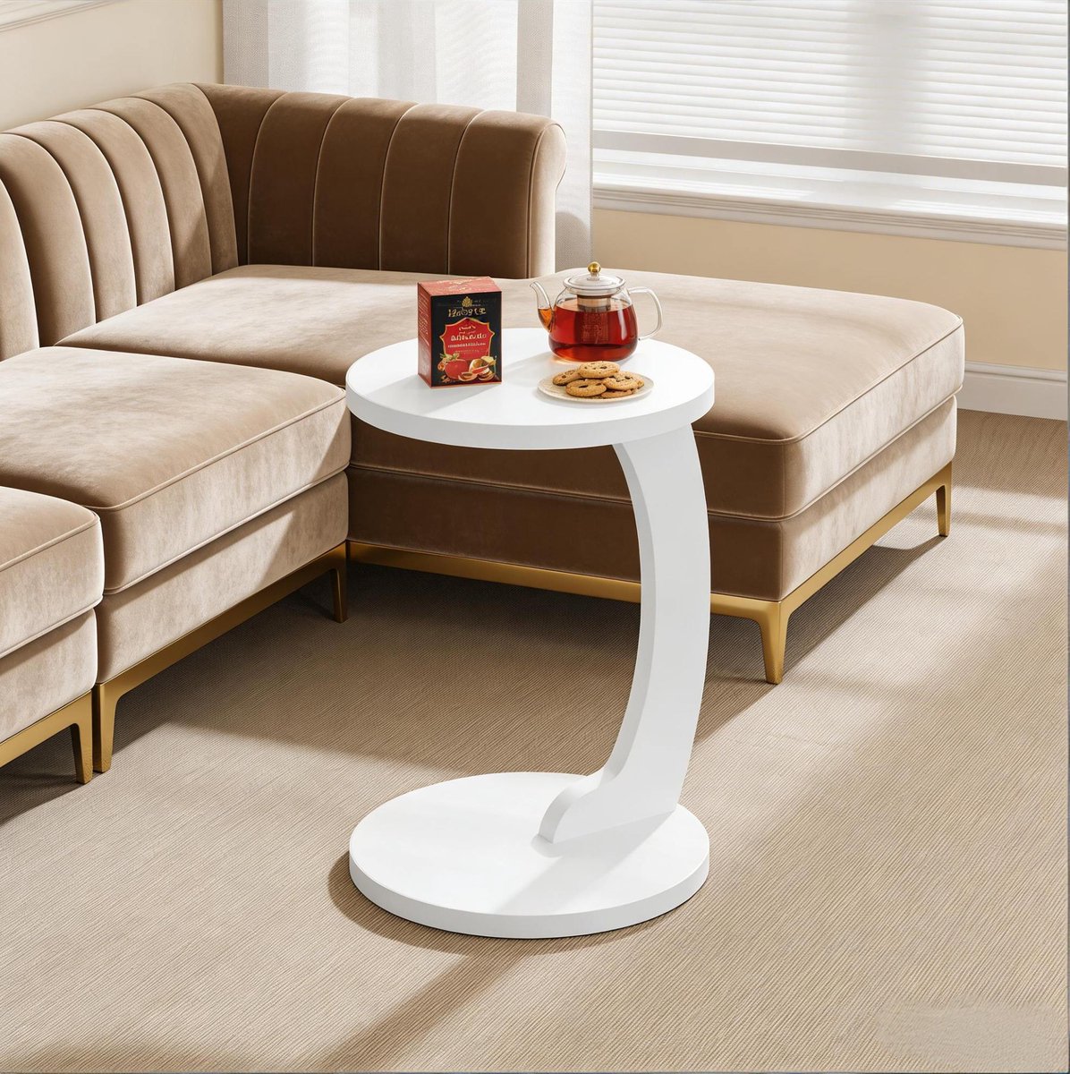 MEUNIQ Ronde C-vormige bijzettafel Ø 38 x H 55 cm – wit MDF salontafel voor naast bank of bed in de woonkamer