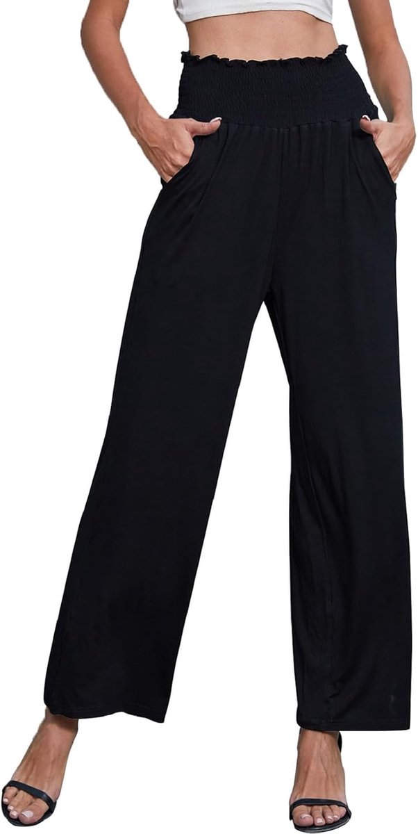 Zomerbroek voor dames, hoge taille, effen, los, recht gesneden, palazzo broek, rekbaar, elegante loungebroek, brede broek met zakken