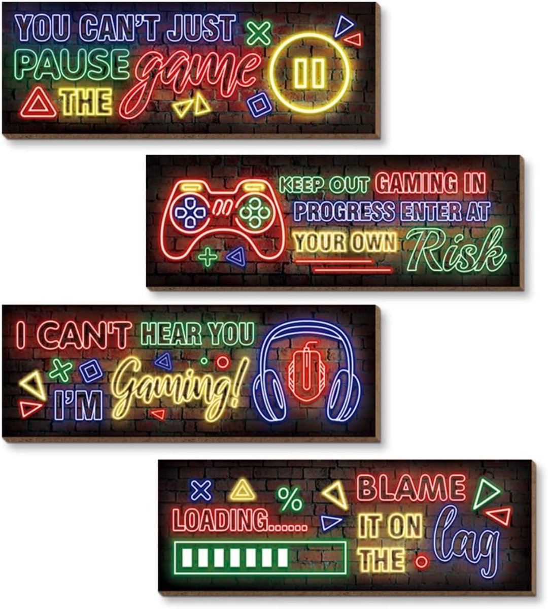 4 stuks neon gaming houten bord wanddecoratie, videogame muurkunst gamer hangende plaques voor speelkamer, jongens, tieners, kinderen slaapkamer decoraties (neon A)