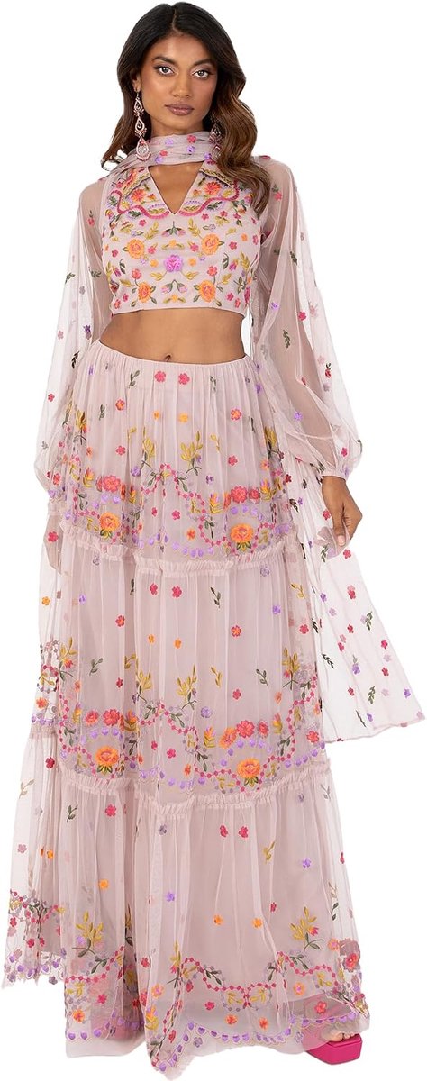 Deluxe Traditionele Indiase jurk voor dames, outfit, Lengha Choli Lehenga Saree rok en top Dupatta Coord set voor bruiloftsgast top rok Coord (pak van 1)