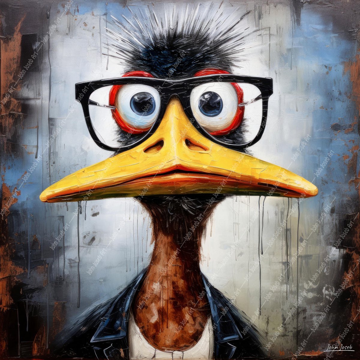 John Joseb Art (Aluminium) 60x60 | Grappige gekke eend met bril en jas, portret, kleurrijk, kunst | dier, vogel, humor, bruin, rood, geel, vierkant, modern | foto-schilderij op dibond, metaal wanddecoratie