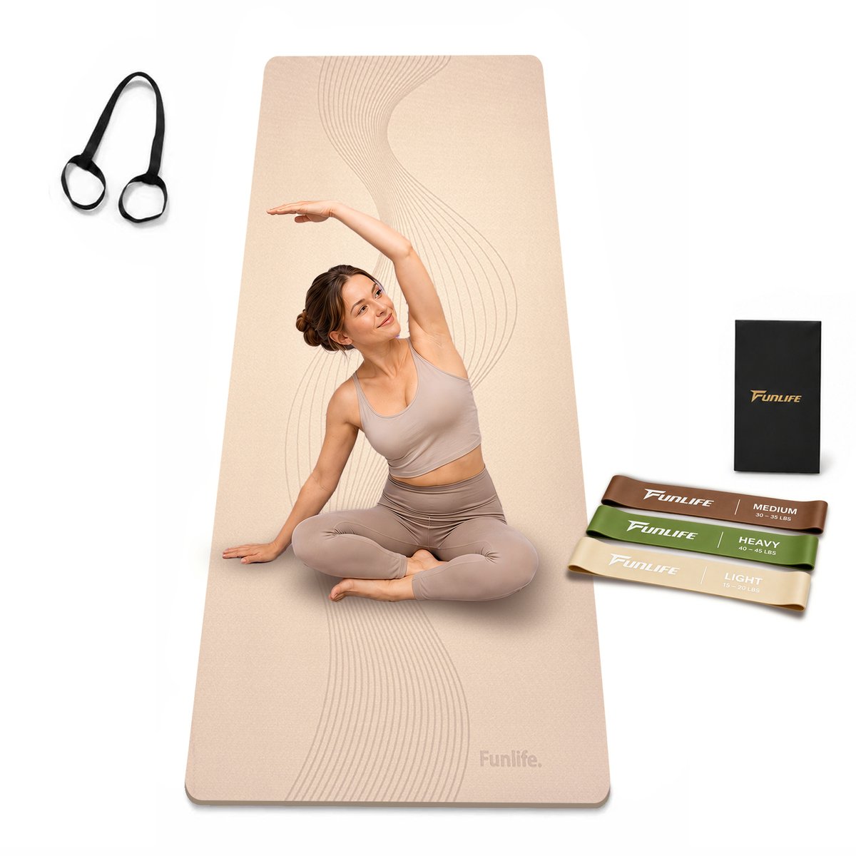 FunLife Yogamat 183 × 61 cm met 3 Weerstandsbanden – 8 mm TPE Fitnessmat Sportmat Antislip met Draagriem voor Yoga en Pilates
