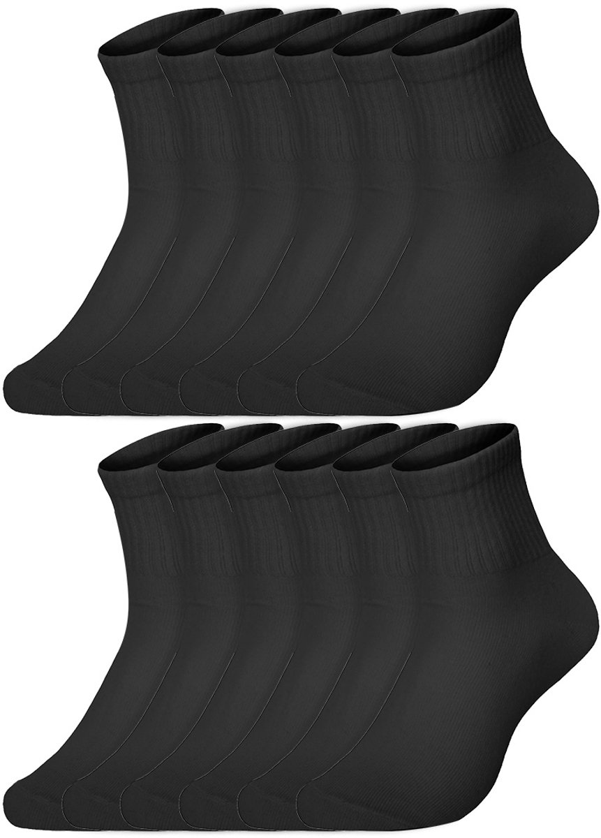 12 Paar – Benyson – Naadloze Sportsokken - Quarter Socks – Dames & Heren – Katoen – Zwart