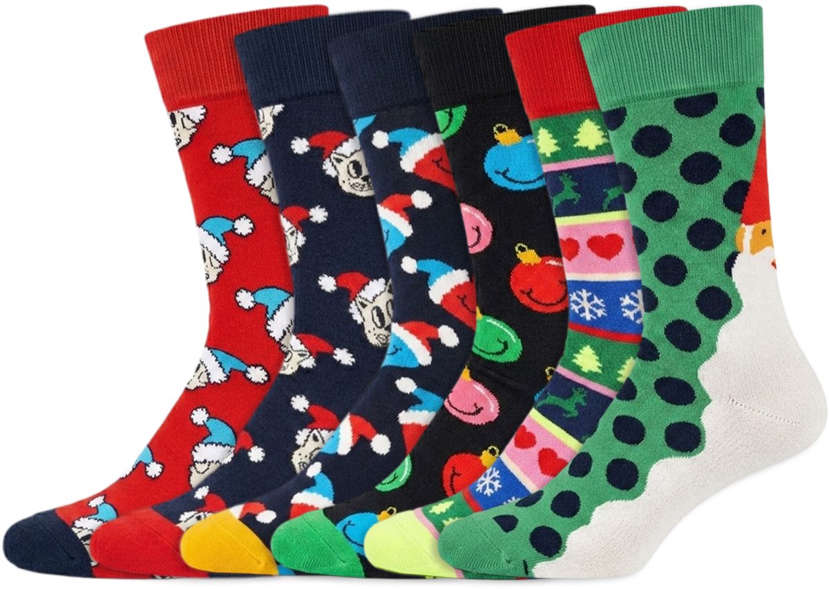 6 Paar – Happy Socks – Dames & Heren – Thema Kerst – Katoen – Diverse Printjes