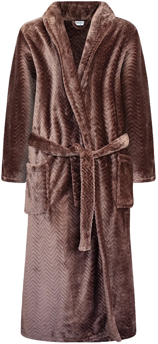Gaubert® Gaubert Unisex Lange Fleece Badjas Met Sjaalkraag – Koffiebruin Visgraat