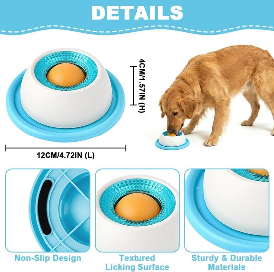Close-up van de interactieve honden voerbak (12cm L x 4cm H) met blauwe antislipbasis, witte schaal en gele bal. Een golden retriever eet uit de voerbak. Details tonen antislip, textuur en materialen.
