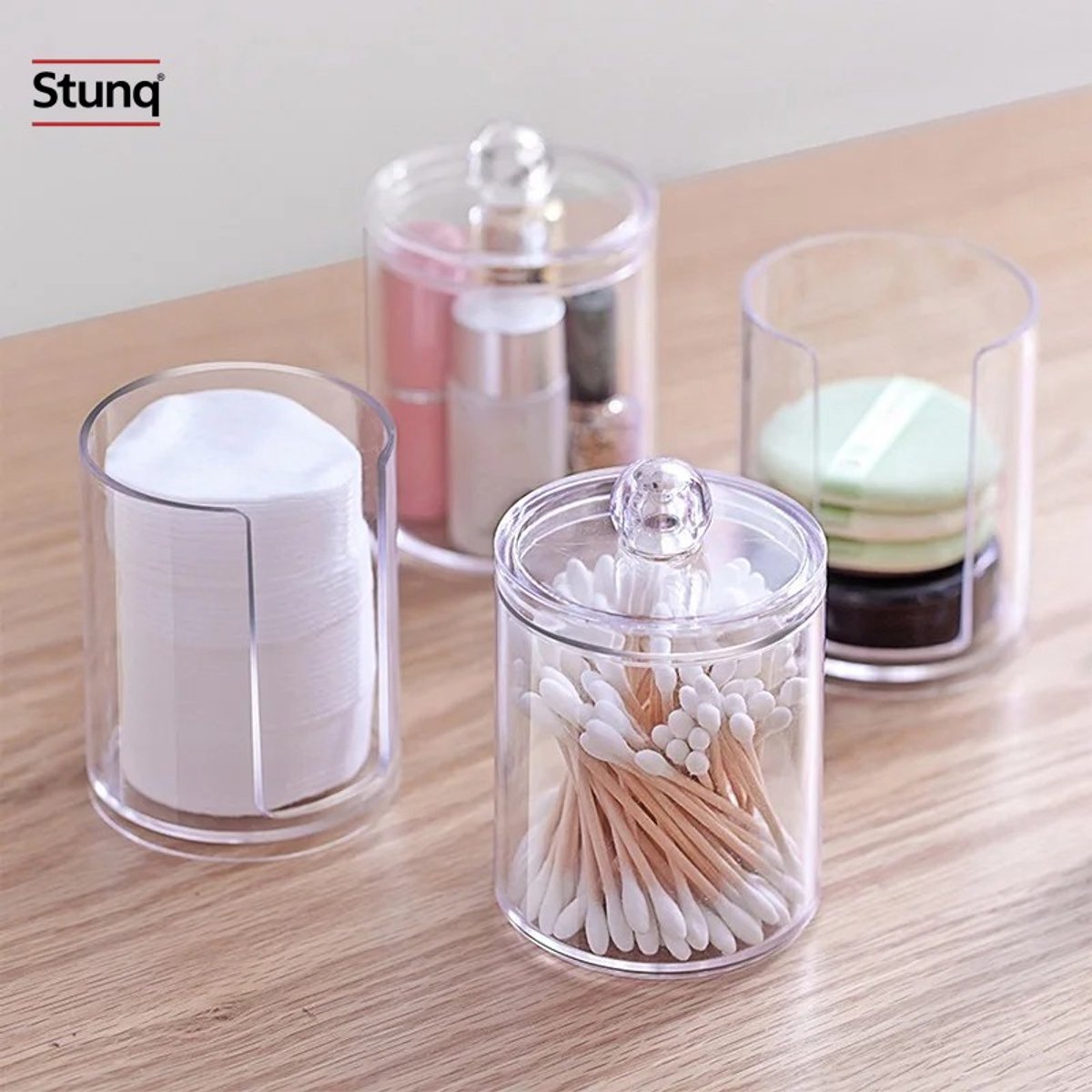 Stunq® 4-delige transparante acryl make-up organizer set – wattenstaafjes, wattenschijfjes en sieraden