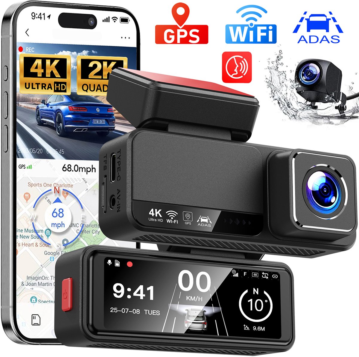 Dashcam Auto,2-Kanal 4K+1080P Autokamera,Mit GPS 3.2 Zoll-Bildschirm Dashcam (ADAS, (WLAN (Wi-Fi), Zeitrafermodus, App-Steuerung Autokamera,140°Ultraweitwinkel, Super Nachtsicht, Autokamera,G-Sensor, Loop-Aufnahme,WDR)