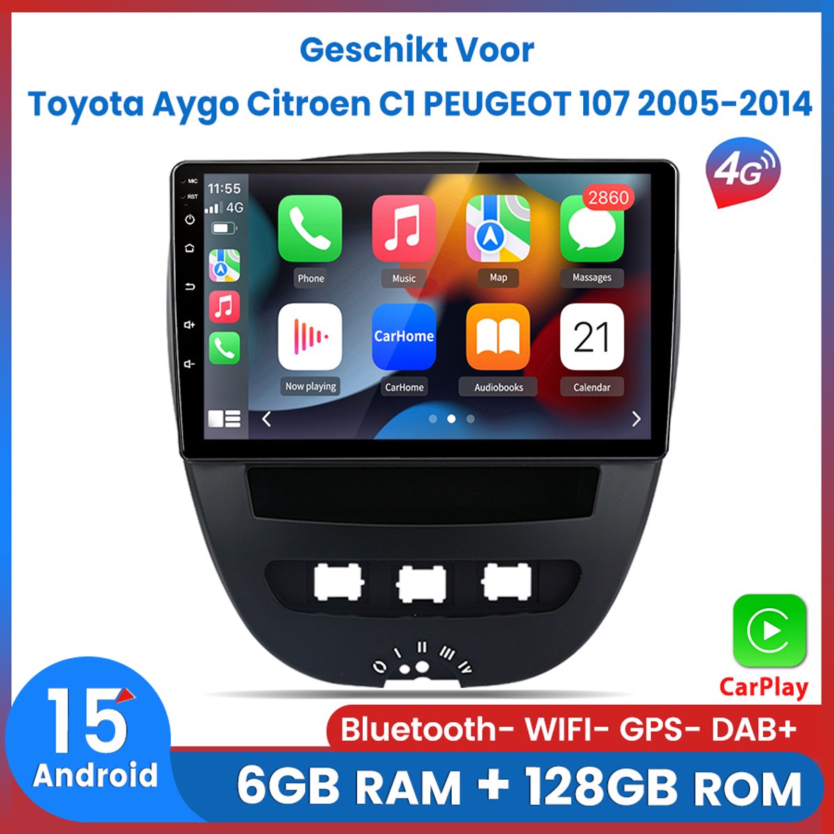 Awesafe 6+128GB Android15.0 Carplay 8-Core V1PRO Autoradio - Geschikt Voor Toyota Aygo Citroen C1 Peugeot 107 2005-2014 - Draadloze Apple Carplay Android Auto - 10.1 Inch Touchscreen - GPS Navigatie 4G WiFi - Bluetooth Radio Scherm