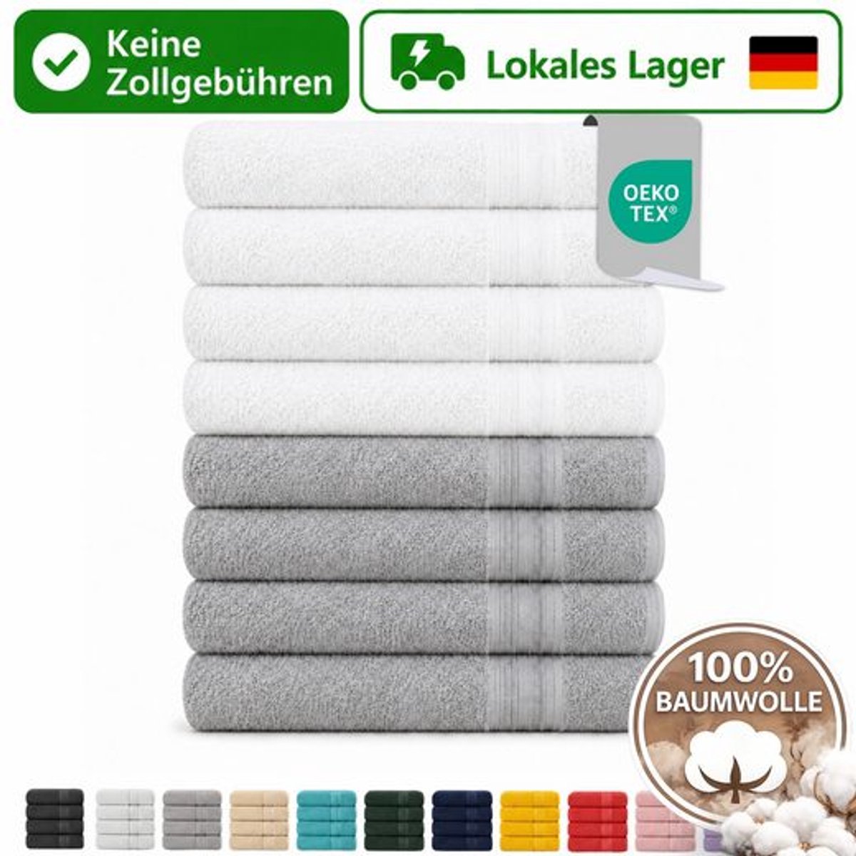Komfortec Set van 8 Badhanddoek 100x200 cm van 100% Katoen, XXL Saunahanddoek, Grote Douchehanddoek, Zacht & Absorberend, Grijs&Wit