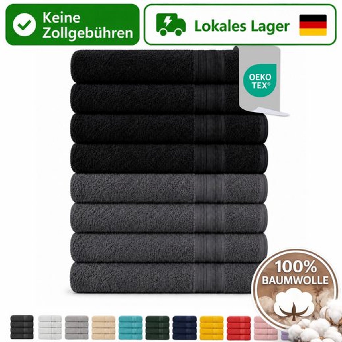 Komfortec Set van 8 Badhanddoek 100x200 cm van 100% Katoen, XXL Saunahanddoek, Grote Douchehanddoek, Zacht & Absorberend, Antraciet&Zwart
