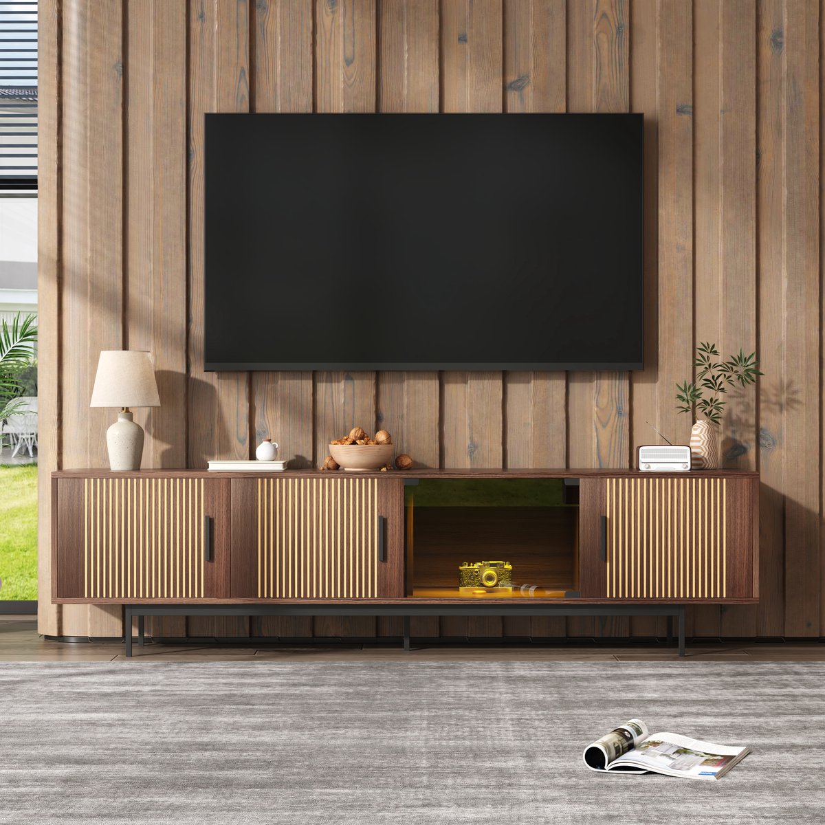 MUVANO Tv meubel 200 cm - tv kast met led verlichting - lowboard walnoot zwart-modern dressoir - 200x35x53 cm- app bediening- woonkamer walnoot zwart