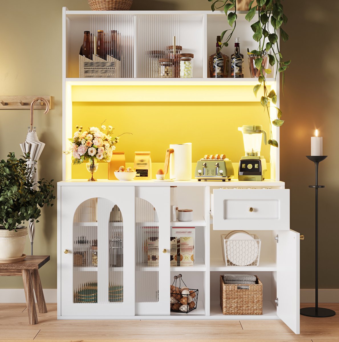 MEUNIQ Keukenkast hoogkast 120 x 35 x 167 cm met glazen schuifdeuren, verstelbare planken, lades, LED-verlichting en anti-kantelvoorziening – Wit