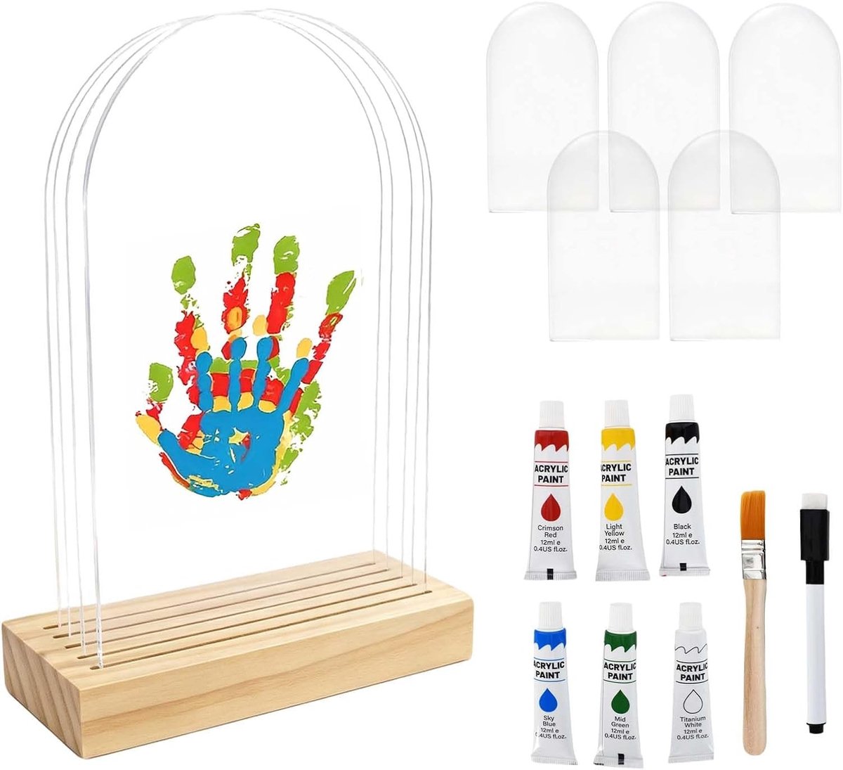 Familie Hand- en Voetafdruk Set voor 5 Personen, DIY Herinneringsgeschenk met Houten Lijst en 6 Kleuren voor Geboorte en Feestdagen