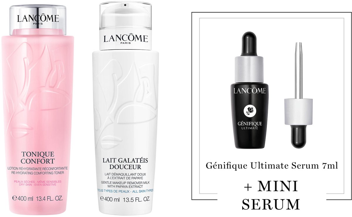 Lancôme 2-Step Gezichtsreiniging Skincare Routine: Make Up Remover | Toner + Cadeau - Galatée Confort Face Cleanser voor Droge Huid 400ml & Tonique Confort Face Toner 400ml + Génifique Ultimate Serum 7ml Anti-Aging Moisturizer Cadeau