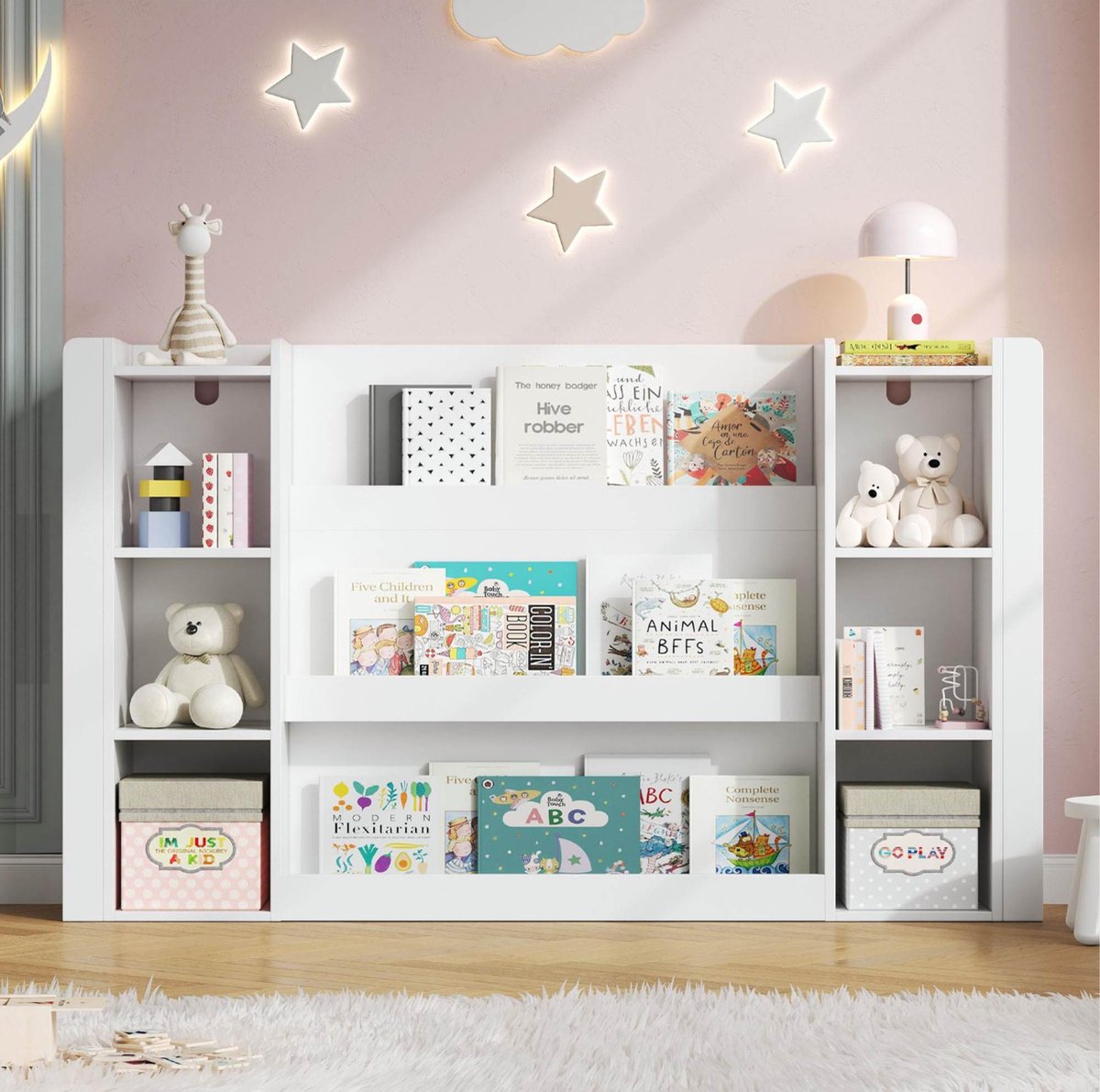 MEUNIQ Kinderboekenkast 140 x 30 x 95 cm - Open boekenkast met opbergruimte voor boeken en speelgoed, afgeronde hoeken, MDF, wit, kinderkamer