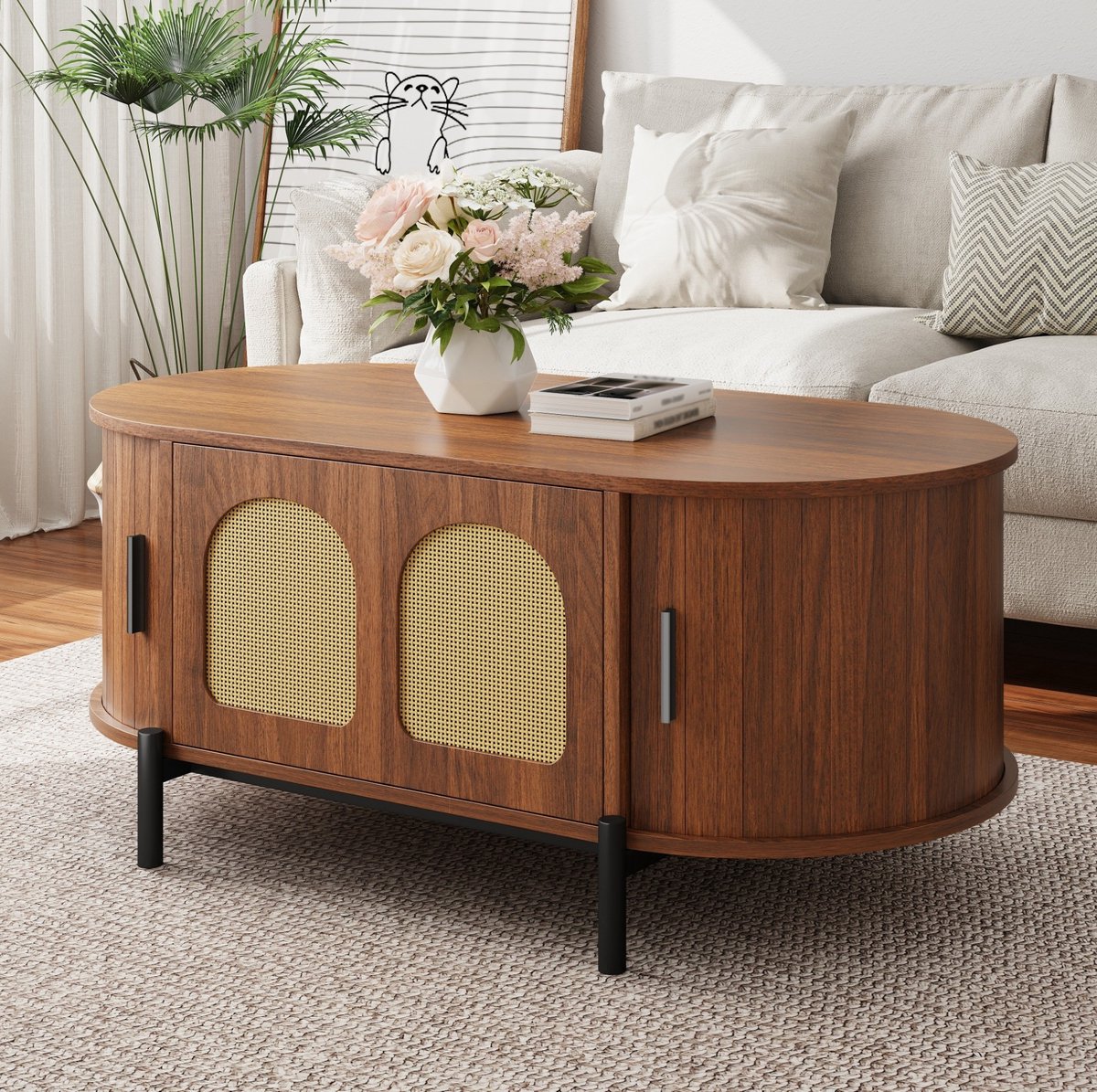 MEUNIQ Ovale salontafel 100 x 50 x 40 cm met rotan deuren, schuifdeuren en opbergruimte, walnootkleurige MDF koffietafel met zwarte metalen poten voor woonkamer
