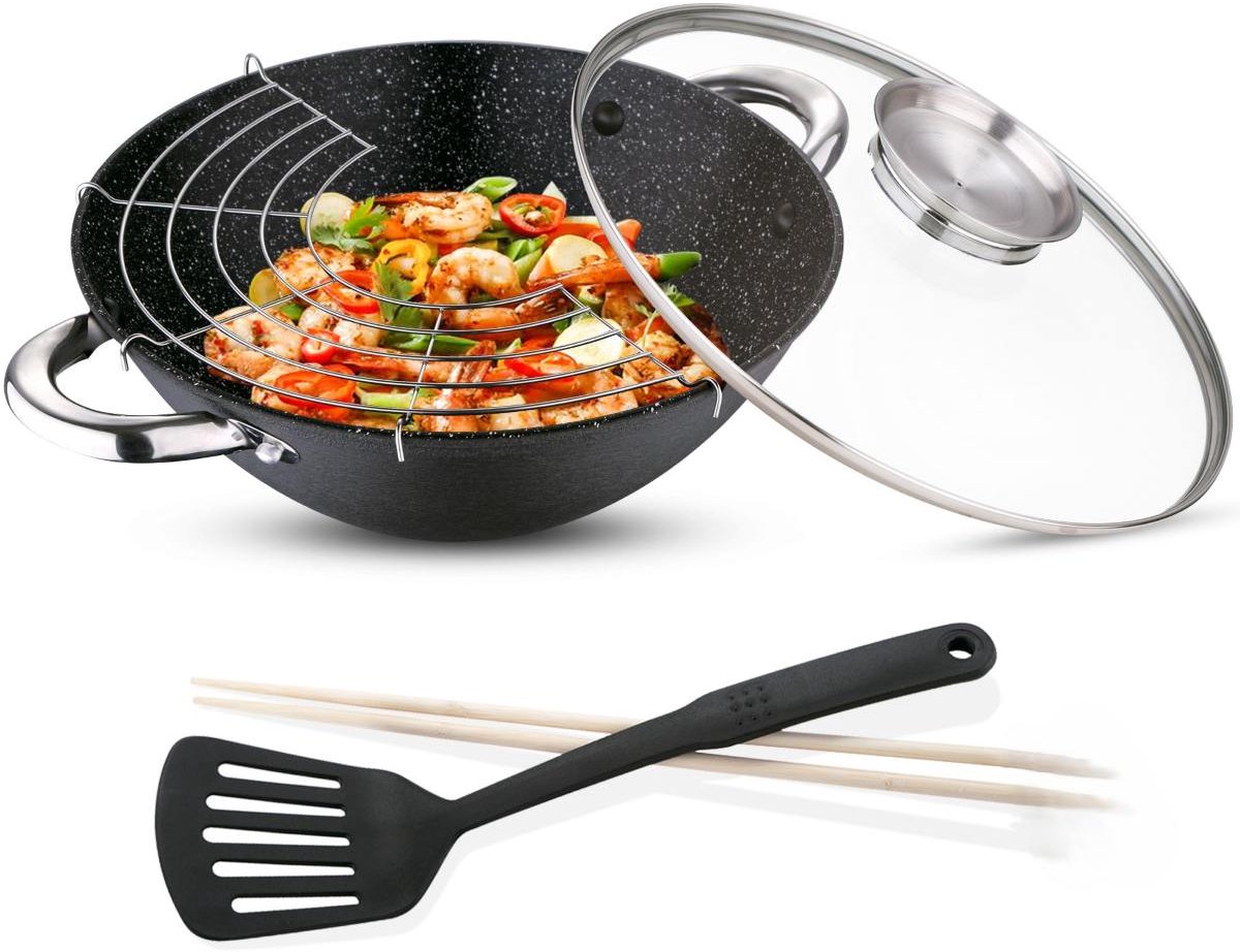 Ceruzo Wok Gietijzer- 28 cm - Glazen Deksel met Aromaknop - PFAS vrij -Inductie