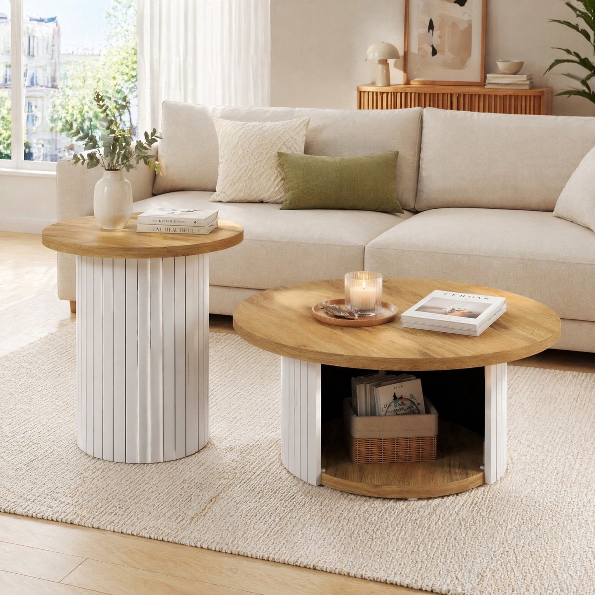 MEUNIQ Salontafelset met 2 ronde tafels – hoofdtafel 75 x 50 cm en bijzettafel 45 x 35 cm, open opbergruimte, MDF, naturel, woonkamer