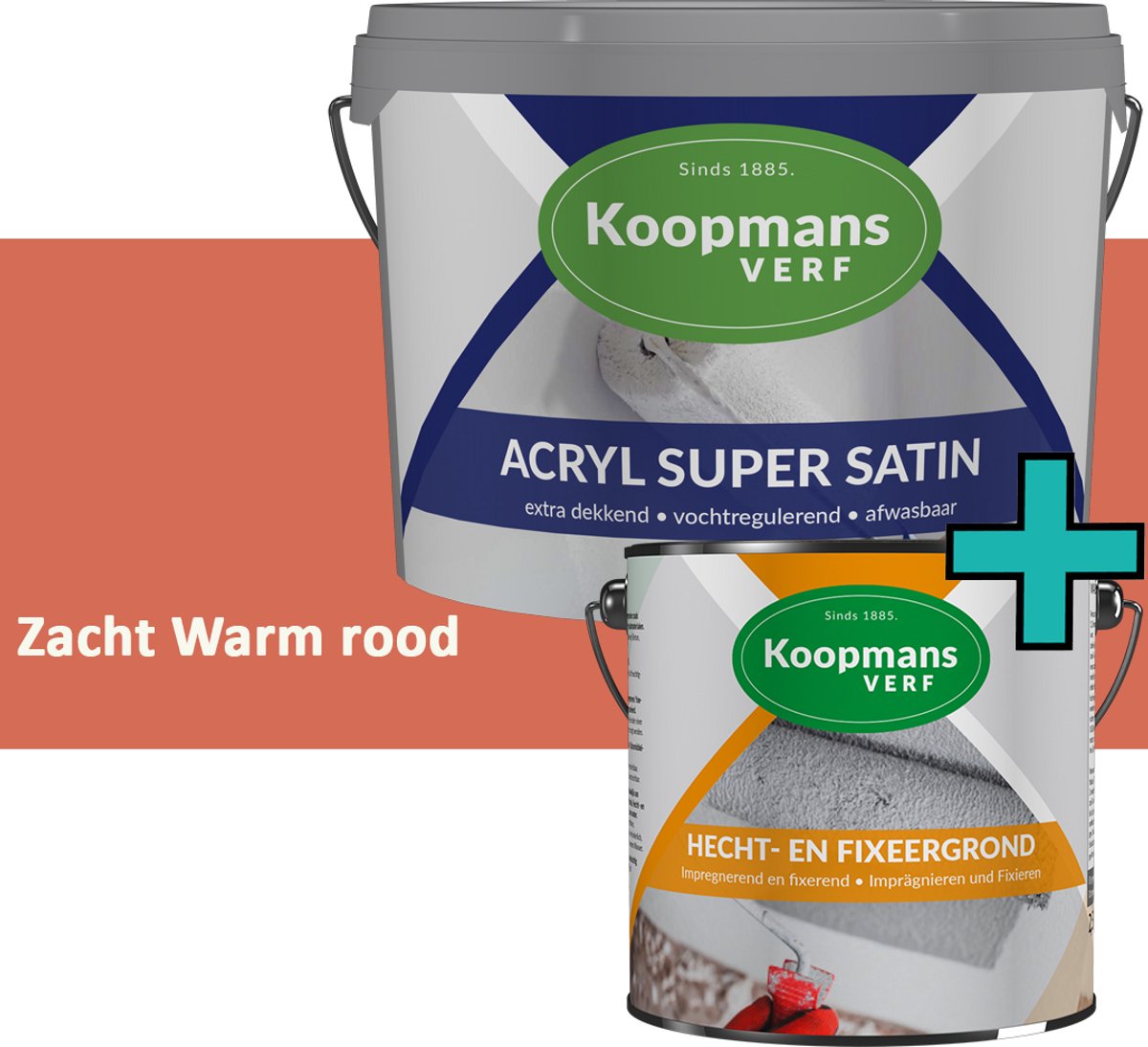 Koopmans Hecht- en Fixeergrond 2,5 l + Acryl Super Satin Muurverf - Set - Primer + Zijdeglans Muurverf Binnen en Buiten - Afwasbaar en Dekkend - Zacht Warm rood - 1 l