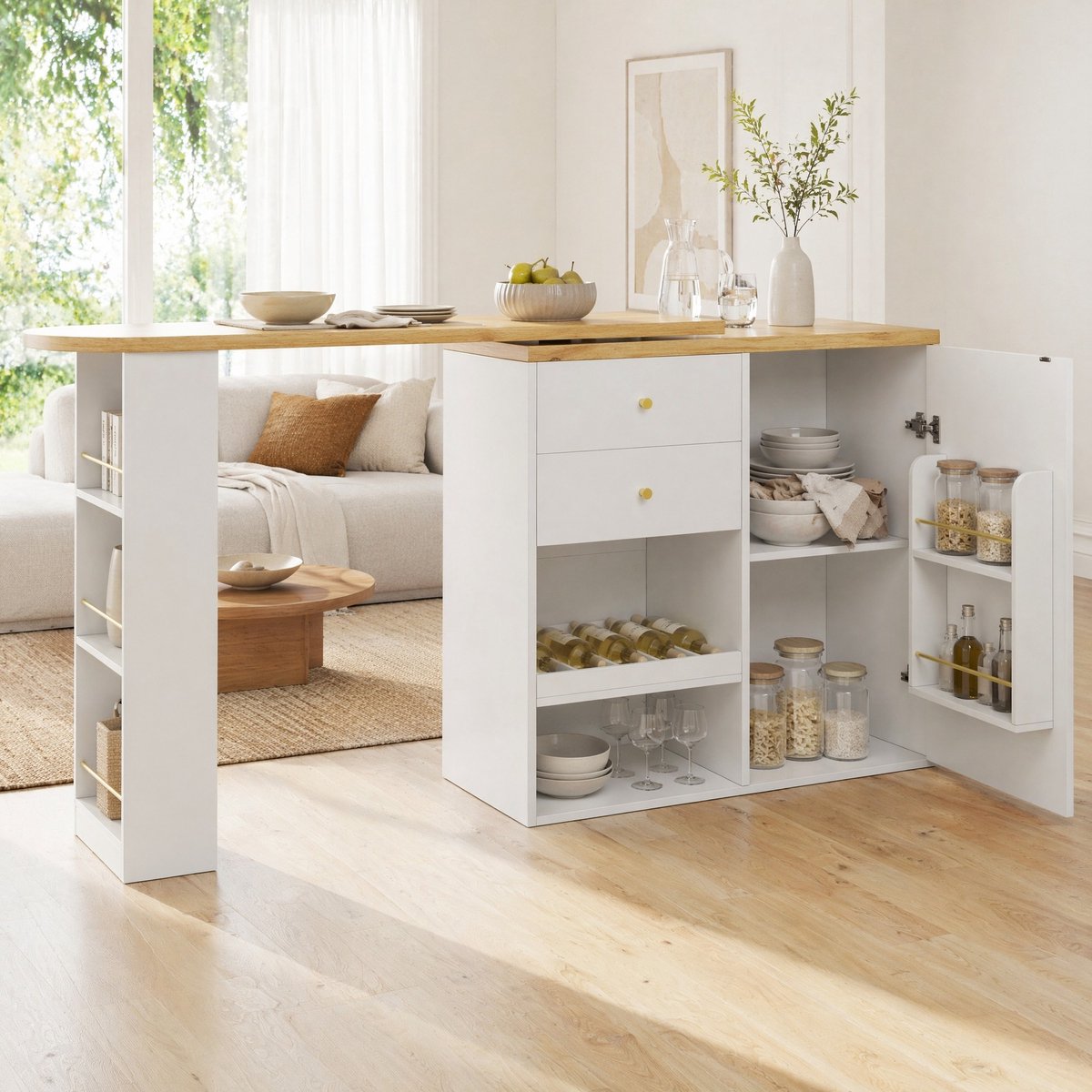 MEUNIQ Draaibare bartafel 105 x 39 x 102 cm met 2 lades, schuifdeurkast en 3 open opbergniveaus, MDF barmeubel voor eetkamer of woonkamer, wit