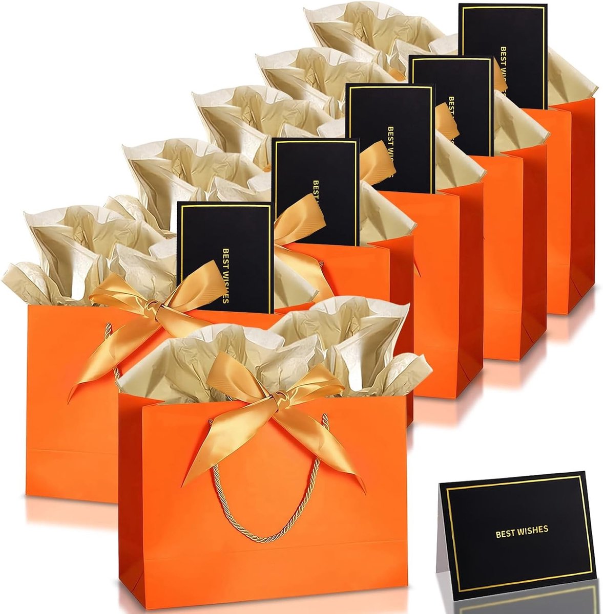 Middelgrote Cadeautassen in Oranje, 6 Stuks met Tissuepapier en Cadeaukaart, Papieren Feesttassen met Handvatten voor Verjaardagen, Bruiloften en Feestjes
