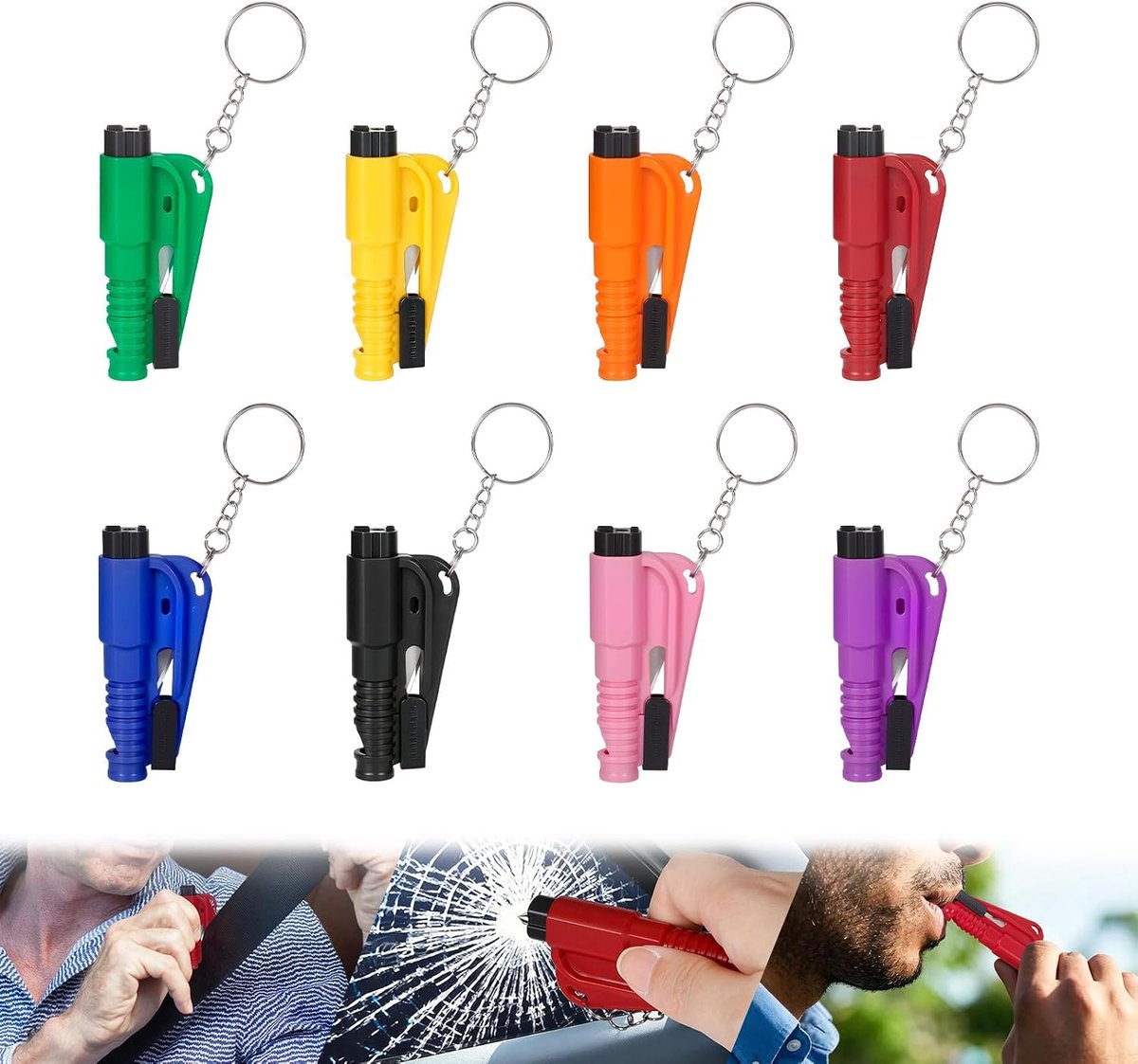Ruitenbreker - 8 stuks - Auto Veiligheidshamer - Veiligheidshamer - Auto ruitenbreker - Noodhamer - Auto Hamer - 3-in-1 Safety Hammer & Gordelsnijder - Gordelsnijder - Reddingsgereedschap - Auto Accessoires - 8 kleuren