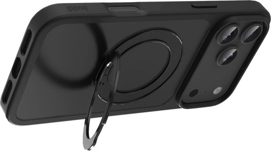 Zwarte telefoonhoes met magnetische ringstandaard, zicht op de camera's.