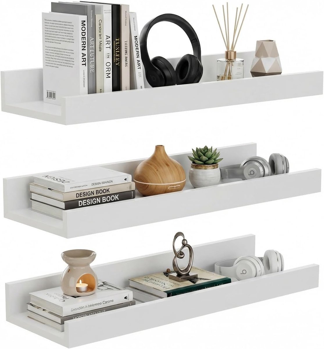 3-delige set, 40 cm, wandrek van MDF-hout, met valbeveiliging, voor hal, keuken, badkamer, woonkamer, mat wit