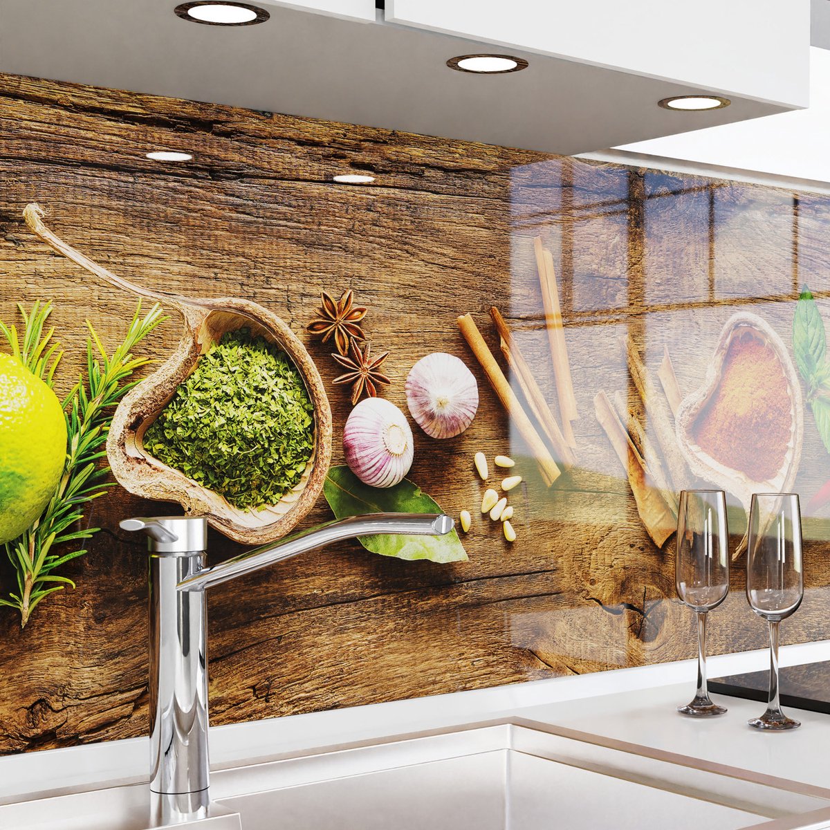 Keuken achterwand zelfklevend – Glaslook – Spatscherm keuken – Verstevigde PET folie – Spatwand fornuis – Muurbeschermer – 0,80 mm - Kruiden op Hout - Materiaalmonster A5