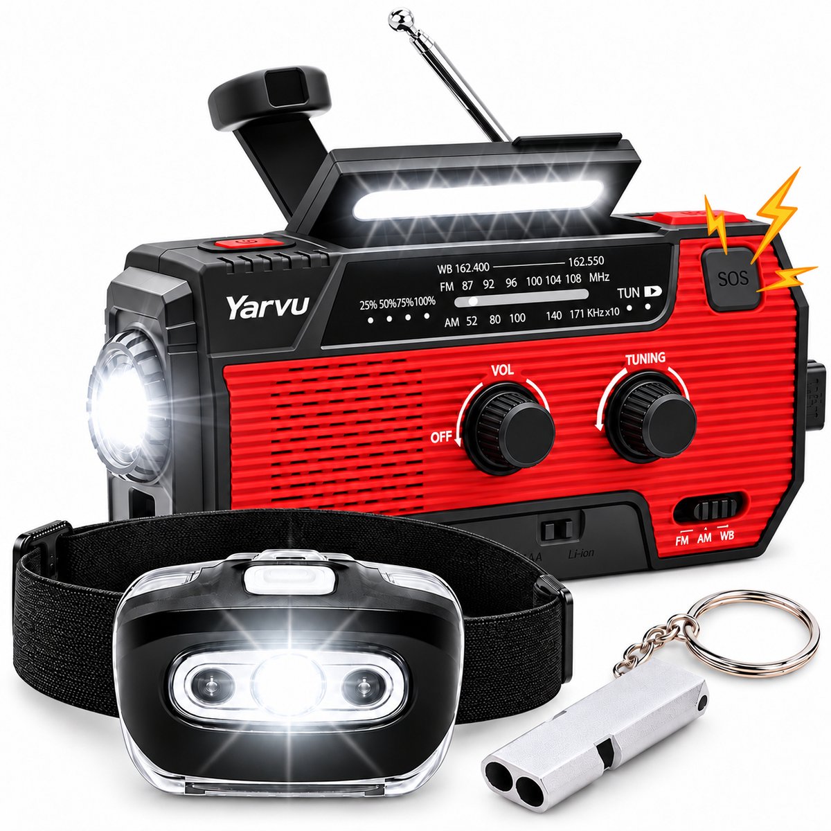Radio op Batterijen Solar opwindbaar - Noodradio + HoofdLamp LED op Batterijen + Noodfluit - Noodpakket - 6 in 1 Nood Radio - 4000 mah - Nood Pakket - Rood
