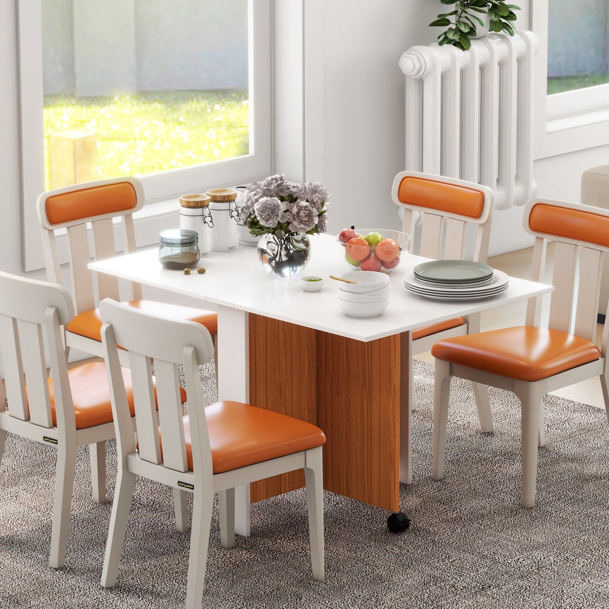 FloraGrace Eettafel - Opklapbare Mobiele Tafel Met Wielen - Voor Keuken, Eetkamer En Balkon - Multiplex - 120x80x73 Cm - Wit