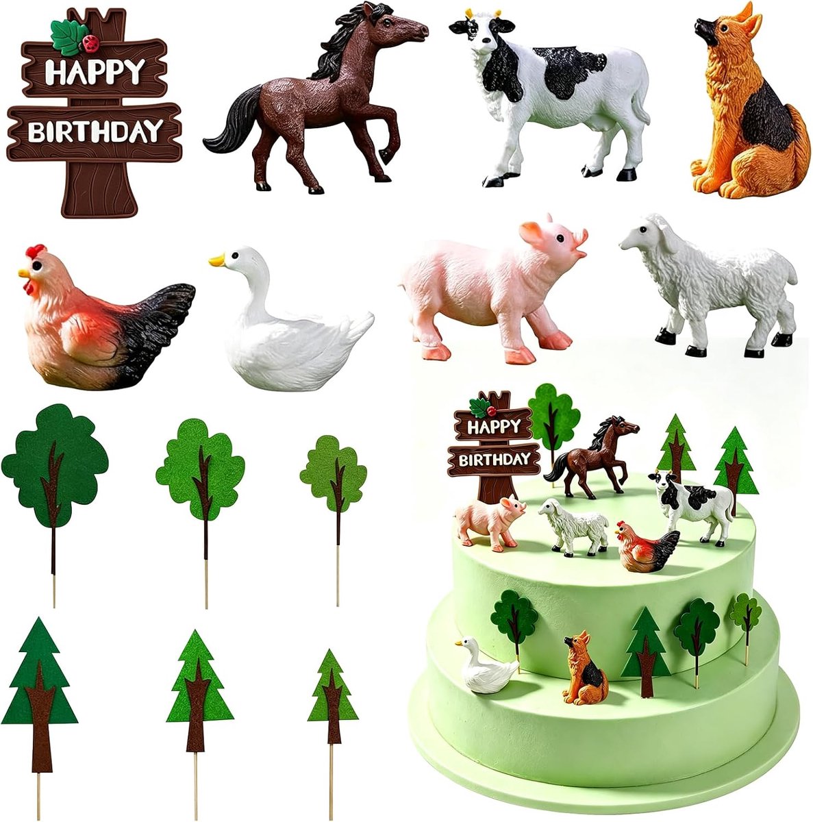 14 stuks boerderijtaartopzetstukken, boerderijdieren, taartdecoratie, boerderijdier-taartdecoratie, verjaardagstaartdecoratie, kinderverjaardagstaarttopper