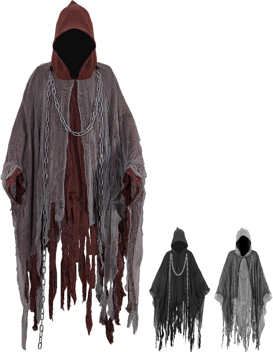 Spookkostuum voor volwassenen, griezelige geestcape met Magere Man, tailleketting, design, Halloween-kostuum voor heren en dames, Magere man cape met capuchon, spookoutfit, kostuums voor