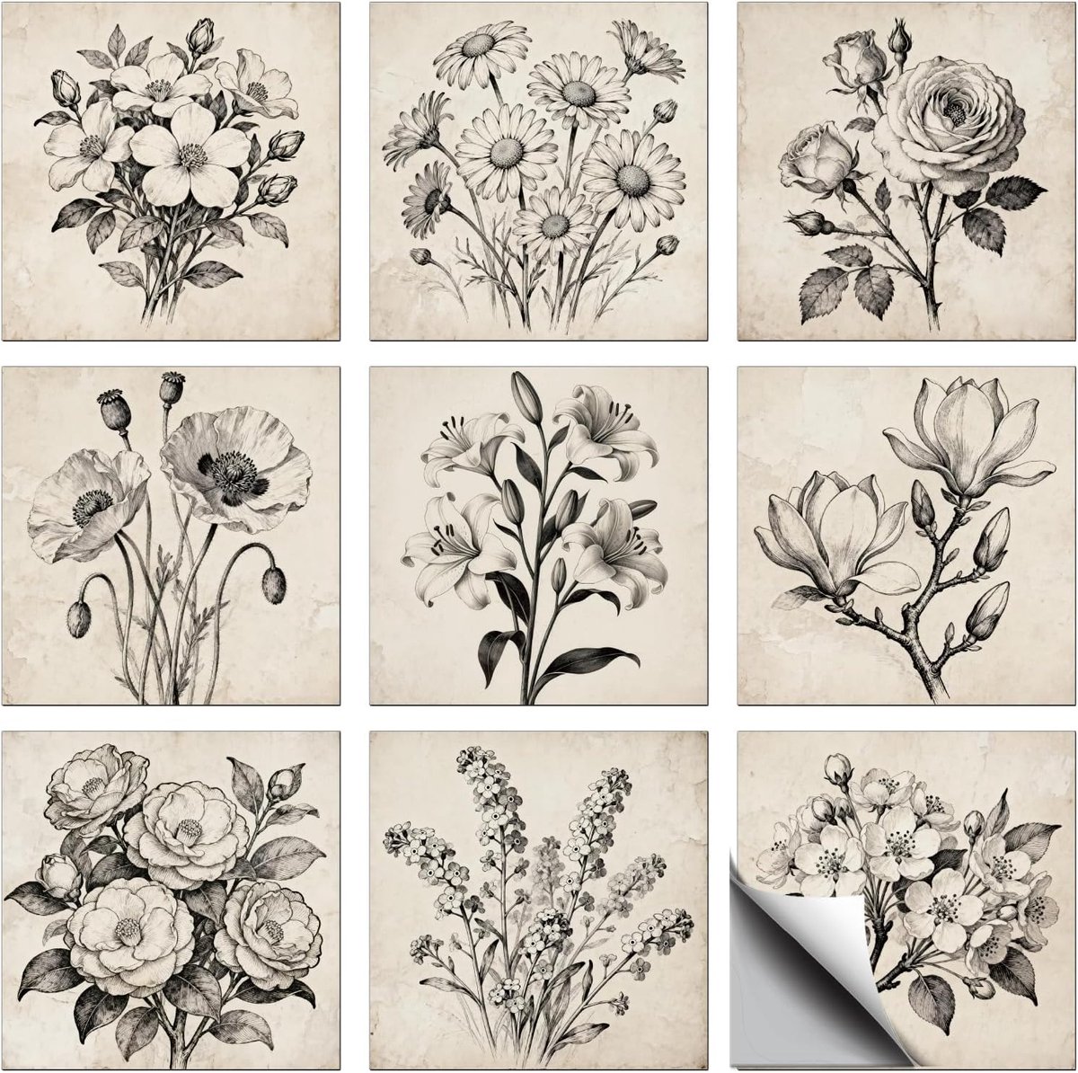 36 stuks 9 stijlen lijnkunst bloemen schets vintage patroon zelfklevende tegelstickers, voor keuken badkamer thuis muurkunst decor 10,2 x 10,2 cm
