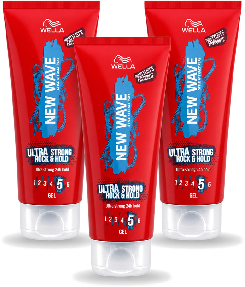 3 x Wella – New Wave Rock’n Hold Ultra Strong – Haargel – 200 ml - Voordeelverpakking - 3 stuks