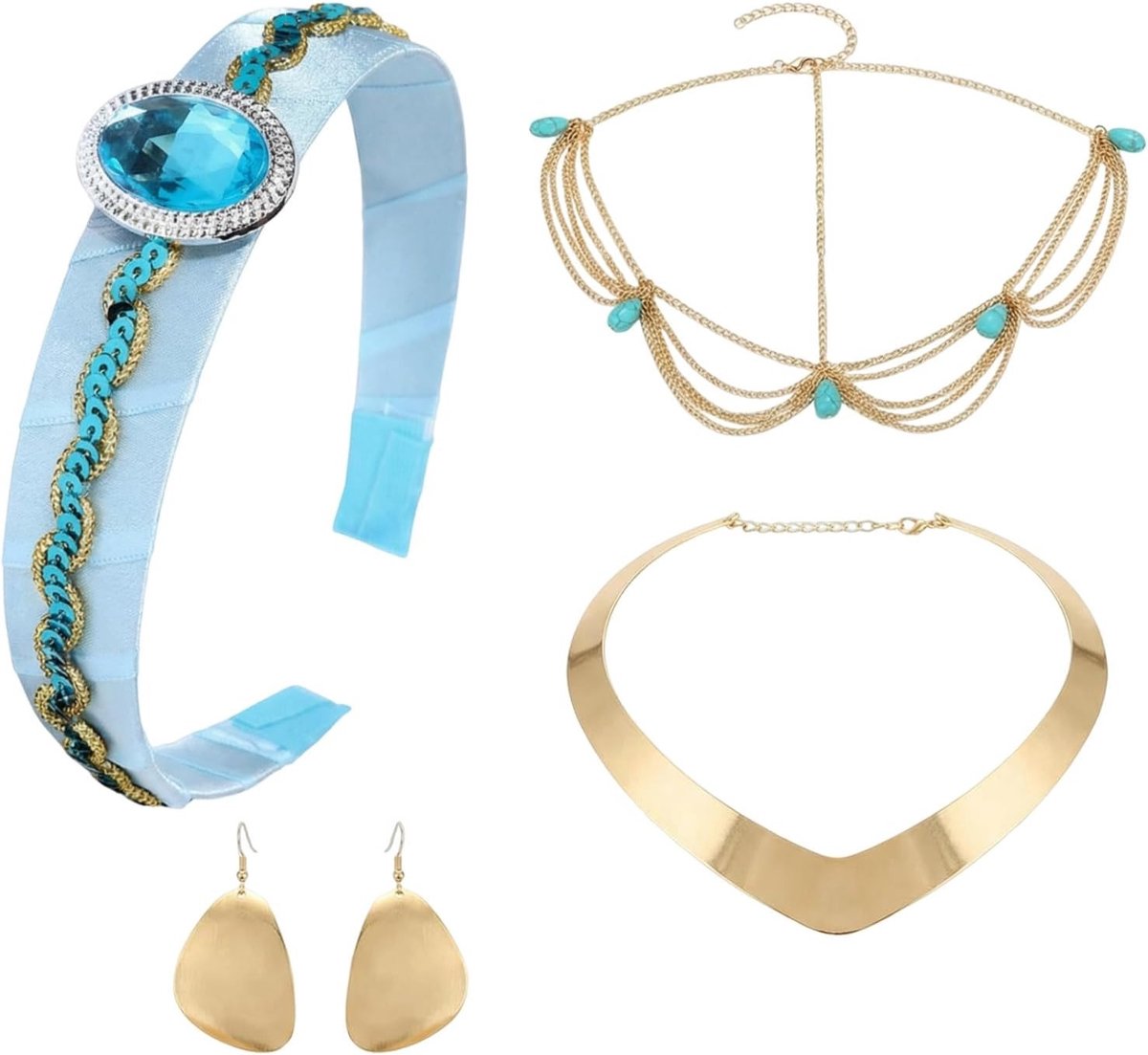 Sprookjesachtige Kostuumaccessoires voor Vrouwen - Sieraden Set met Blauwe Hoofdband, Gouden Oorbellen en Ketting voor Cosplay en Feestjes