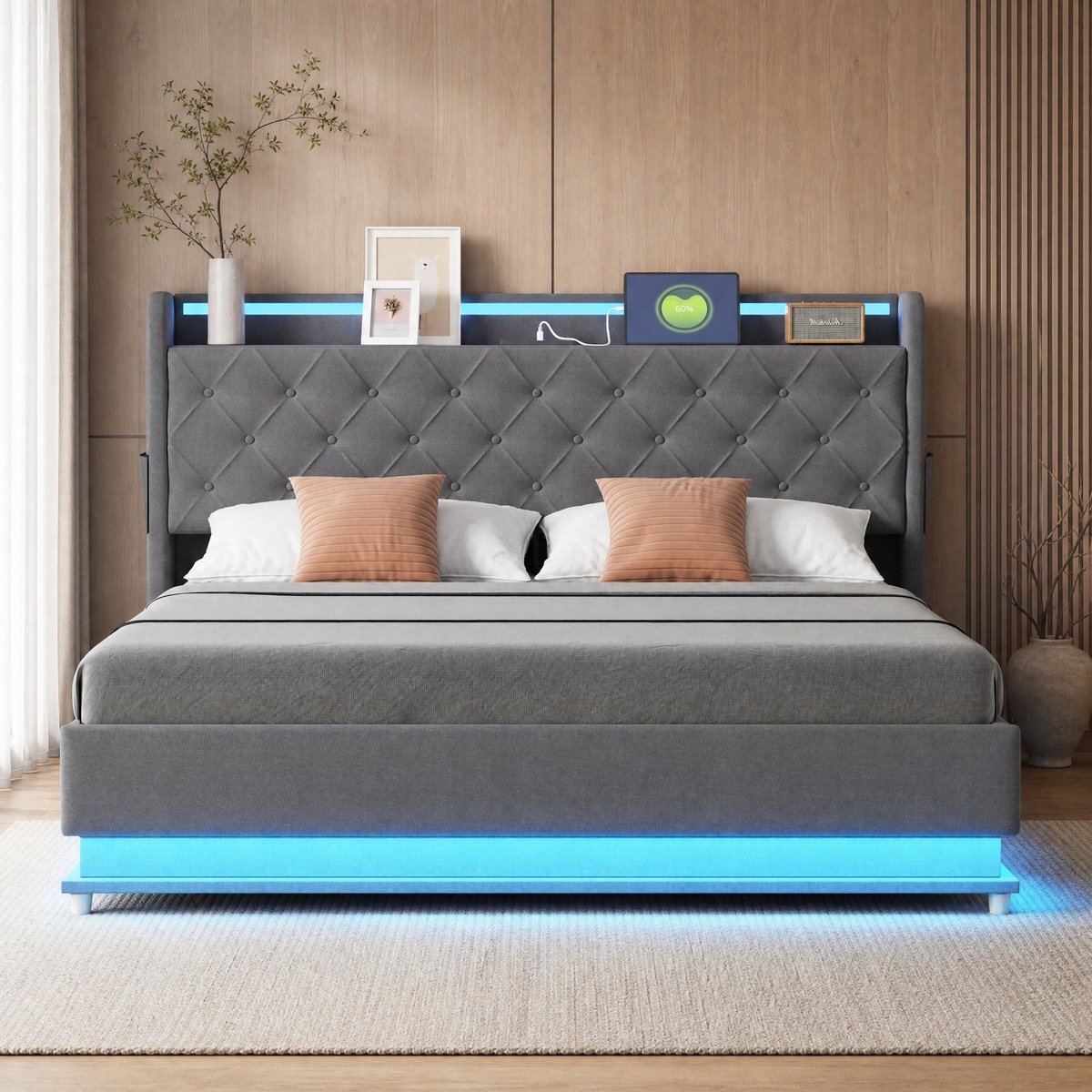 MEUNIQ gestoffeerd LED-bed 160 x 200 cm met USB-aansluiting, hydraulische opbergruimte, metalen lattenbodem en grijze stoffen bekleding voor de slaapkamer