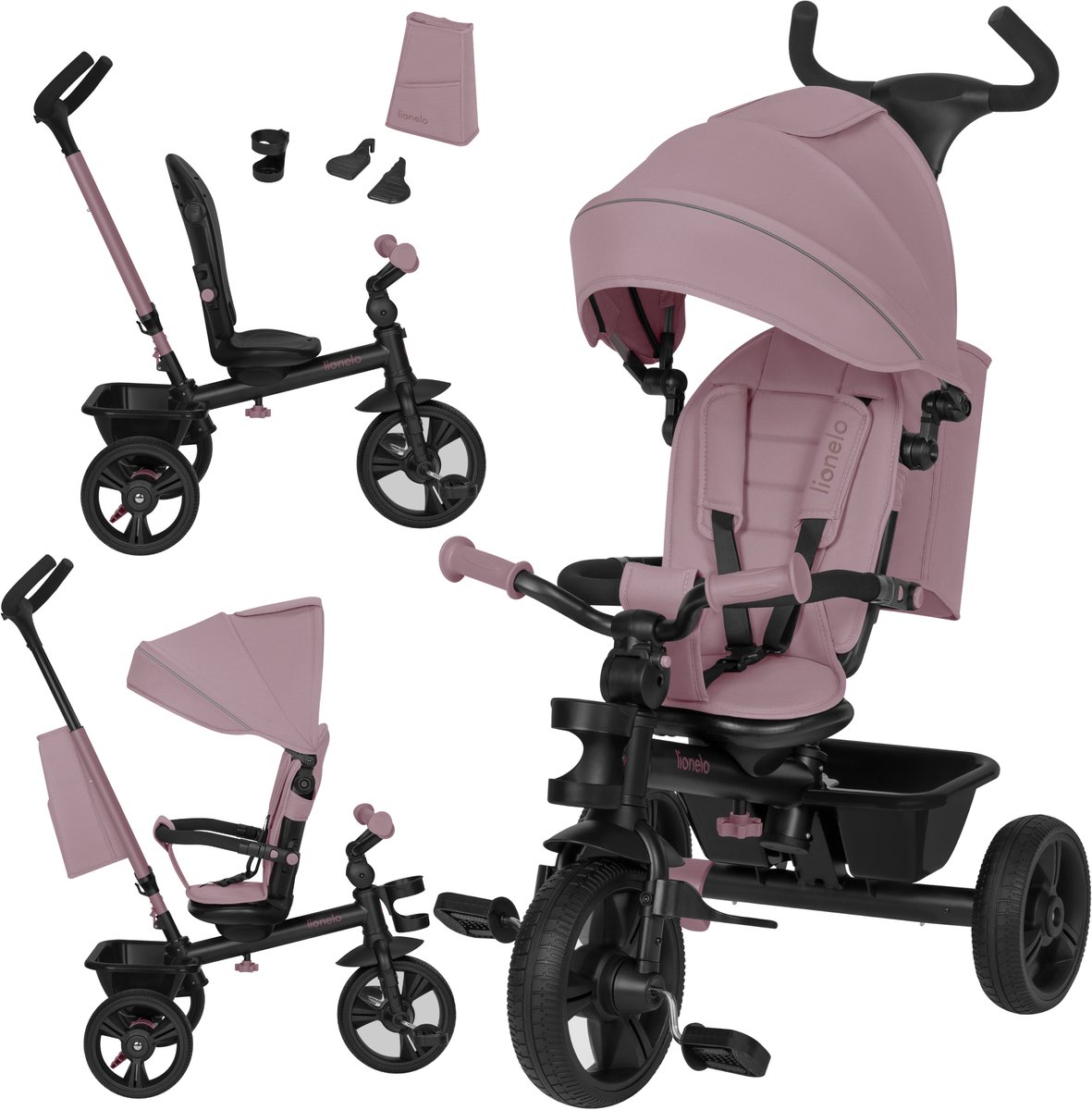 Lionelo Haari Driewieler 2in1 – Loopfiets & Driewielfiets – Vanaf 18 Maanden tot 5 Jaar – Tot 25 kg – Draaibare Zitting Voorwaarts & Achterwaarts – Verstelbare Duwstang – Onderhoudsvrije PU-Wielen – Luifel – 3-Puntsgordel – Mand & Tas – Bekerhouder