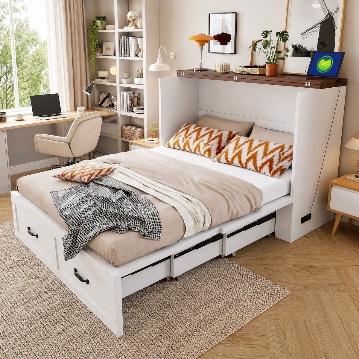 REDOM Opklapbed - Uittrekbaar ontwerp - Opbergruimte en stopcontact - Stil rolsysteem - Metaal en hout - Wit - 140 x 200 cm